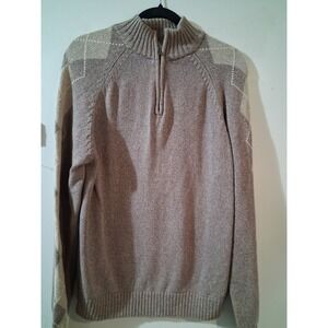 Geoffrey Beene Mens Large Taupe CottonQuarter Zip Sweater Argyle Sleeve Pullover
